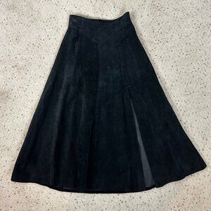 Vtg Positano Pelle Black Suede Leather Midi Skirt Flared Western Size Small
